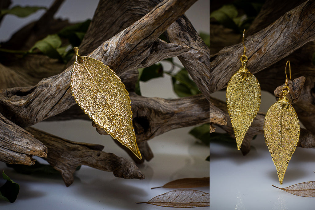 Eucalyptus Leaf Gold Brooch & Earrings Set