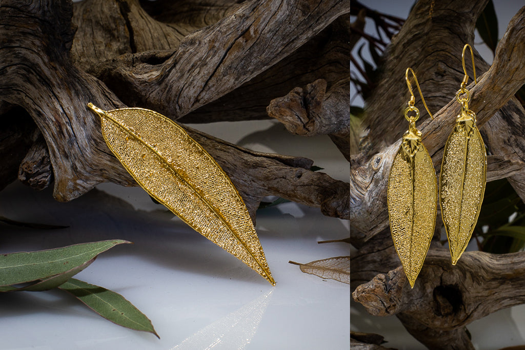 Red Gum Eucalyptus Leaf Gold Brooch & Earrings Set