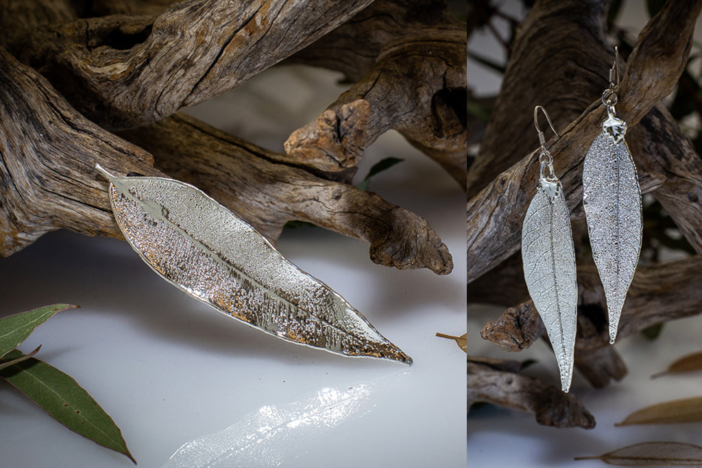 Red Gum Eucalyptus Leaf Silver Brooch & Earrings Set