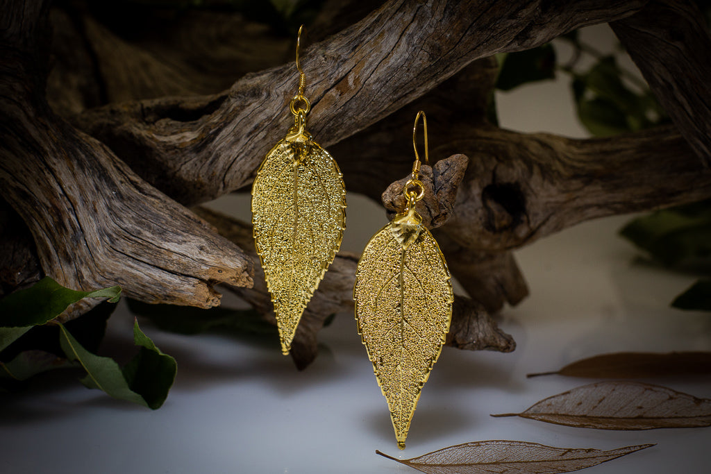 Eucalyptus Leaf Gold Brooch & Earrings Set