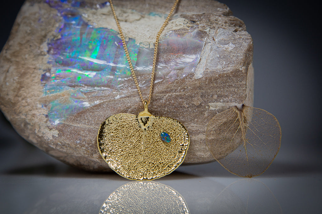 Opal on Eucalyptus Apple Gum Leaf Gold Pendant & Opal Earrings