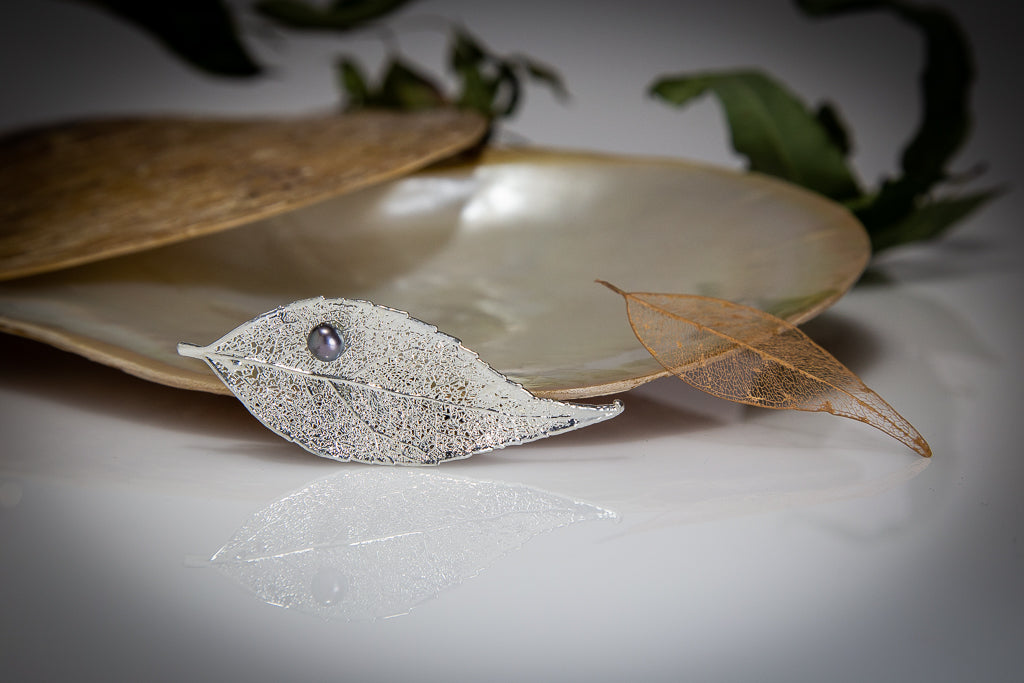 Pearl on Eucalyptus Leaf Silver Brooch & Pearl Earrings