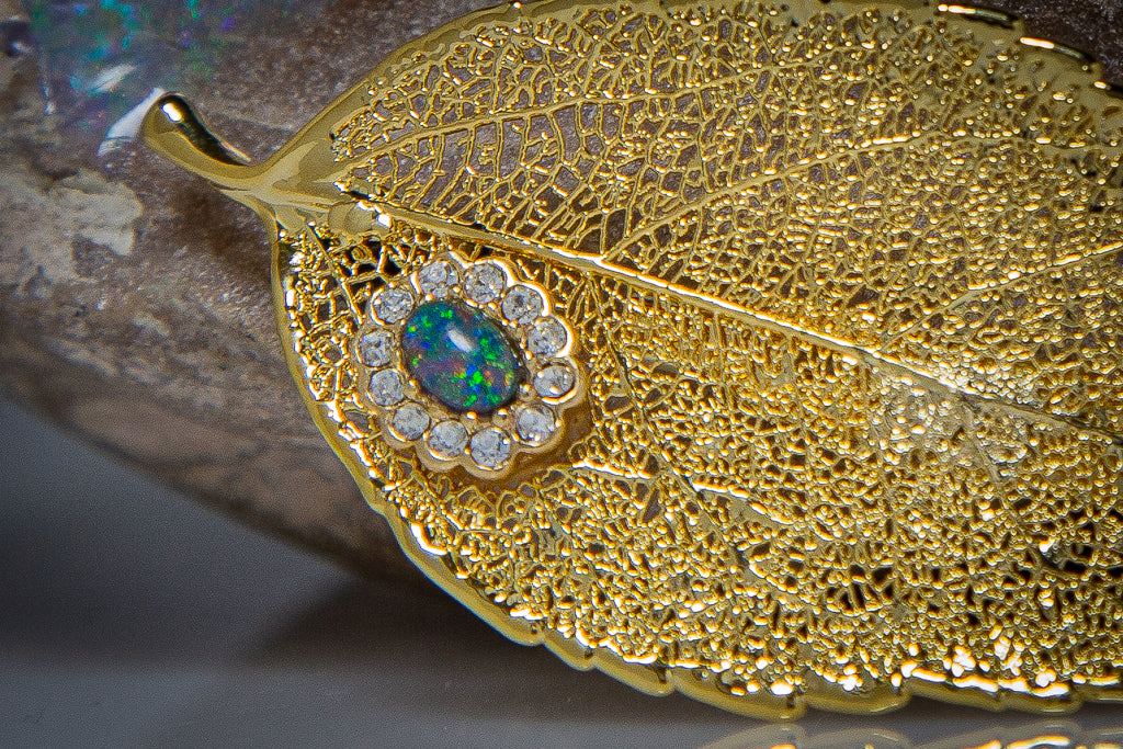 Opal & Zirconia on Eucalyptus Leaf Gold Brooch & Opal Earrings