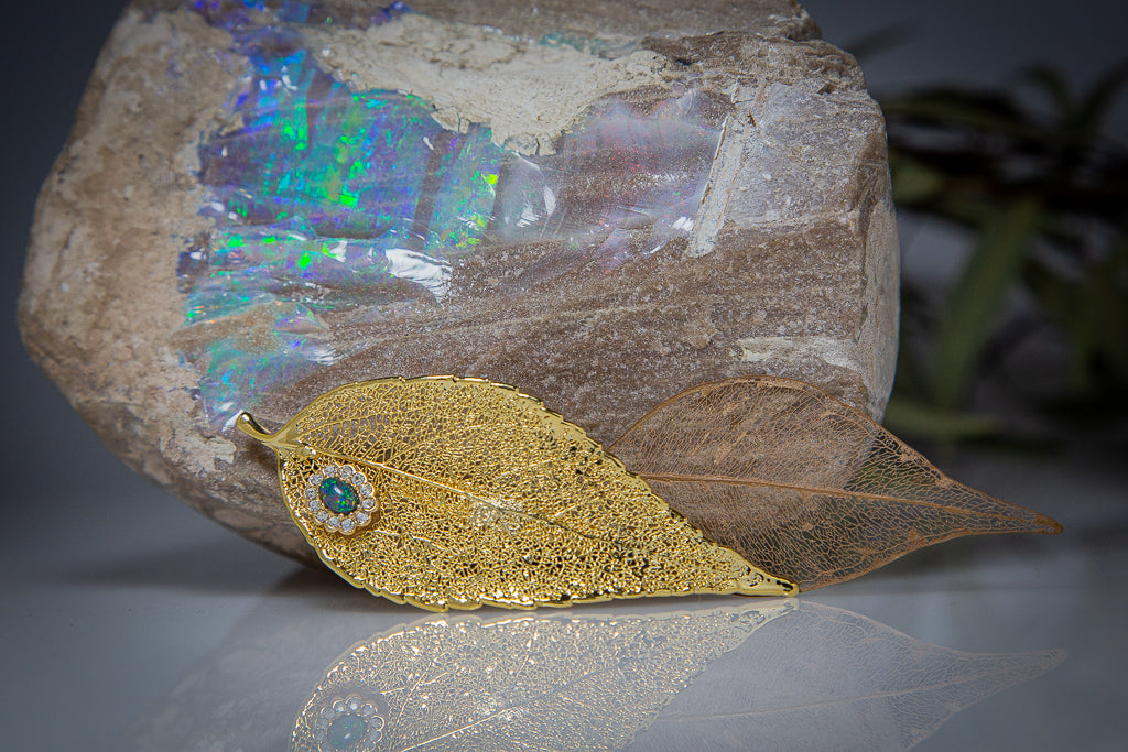 Opal & Zirconia on Eucalyptus Leaf Gold Brooch & Opal Earrings