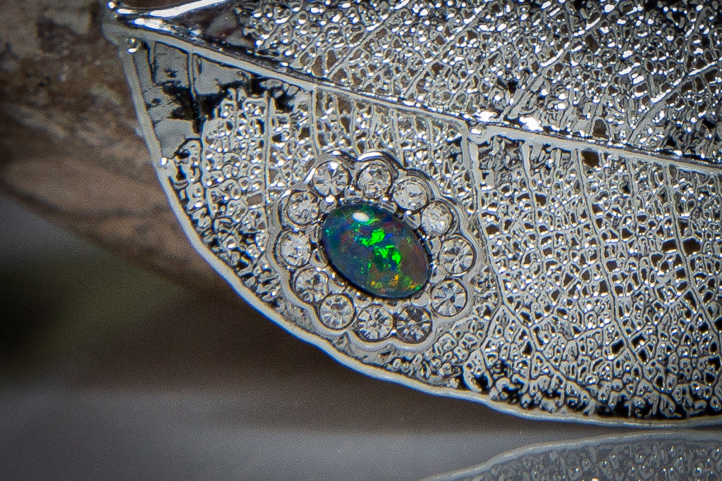 Opal & Zirconia on Red Gum Leaf Silver Brooch & Opal Earrings
