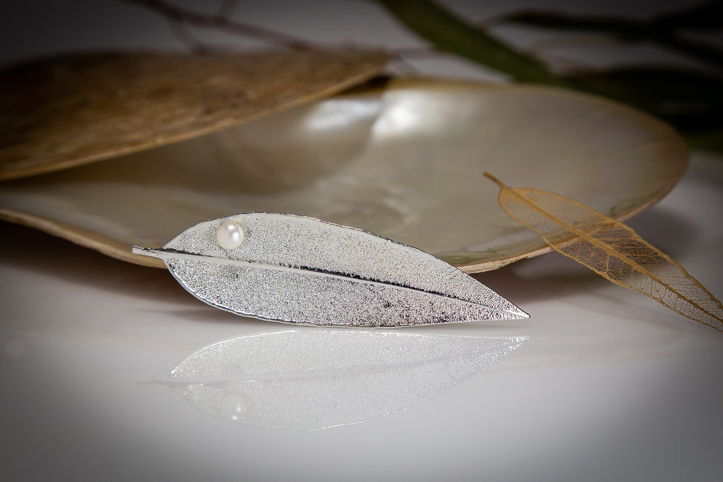 Pearl on Red Gum Eucalyptus Leaf Silver Brooch & Pearl Earrings