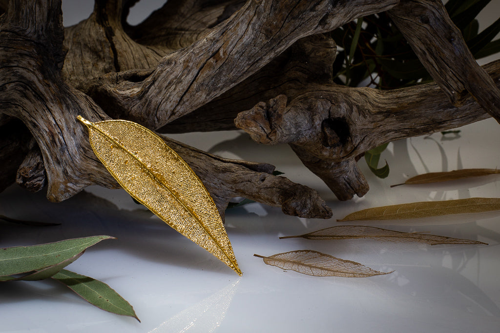 Red Gum Eucalyptus Leaf Gold Brooch & Earrings Set