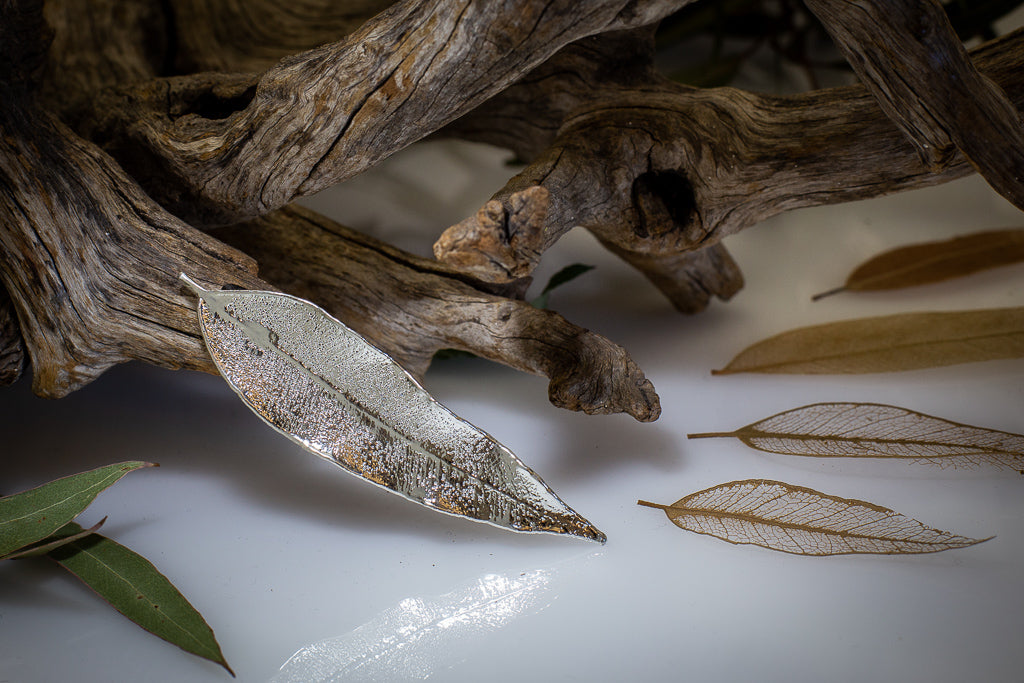 Red Gum Eucalyptus Leaf Silver Brooch & Earrings Set