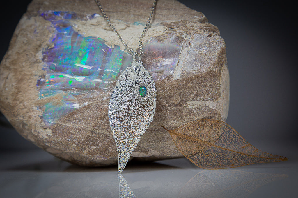 Opal Zirconia on Eucalyptus Leaf Silver Pendant Opal Earrings