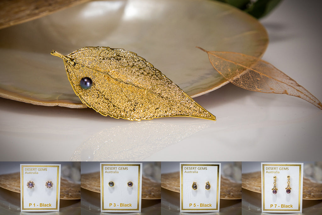 Pearl on Eucalyptus Leaf Gold Brooch & Pearl Earrings