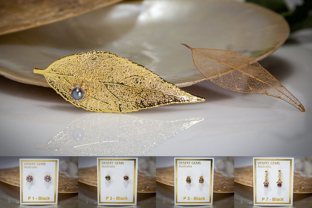 Pearl & Zirconia Flower on Eucalyptus Leaf Gold Brooch & Pearl Earrings
