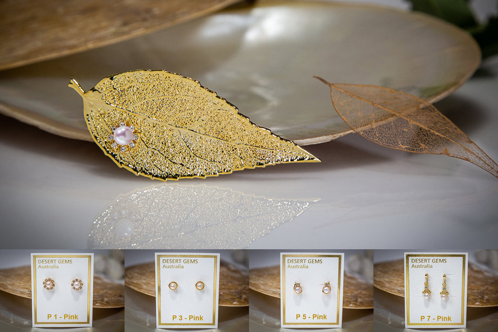 Pearl & Zirconia Flower on Eucalyptus Leaf Gold Brooch & Pearl Earrings