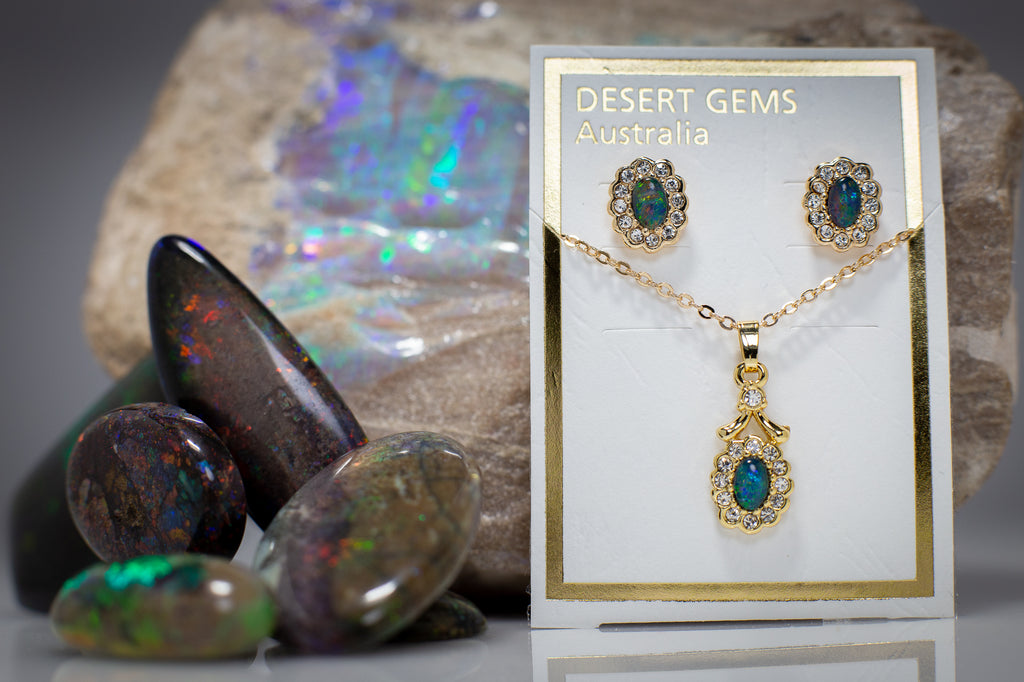 Opal Sparkling Oval Stud Gold Earrings & Pendant