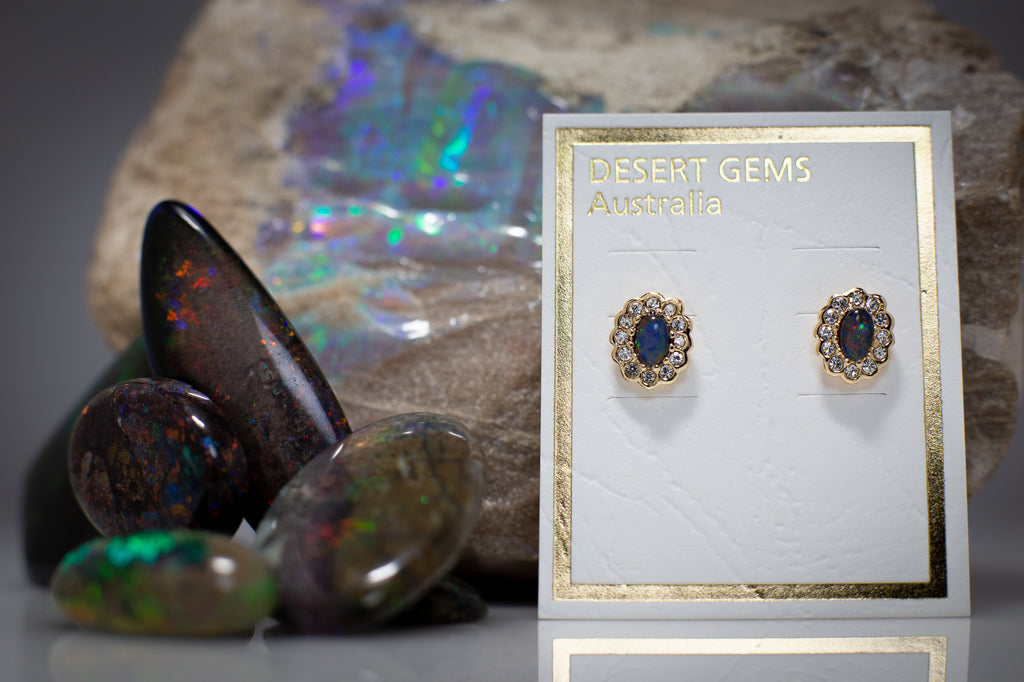 Opal & Zirconia on Eucalyptus Leaf Gold Brooch & Opal Earrings