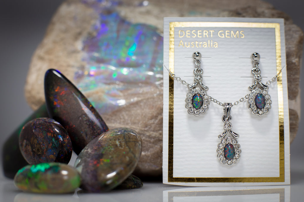 Opal Regal Drop Silver Earrings & Pendant SET