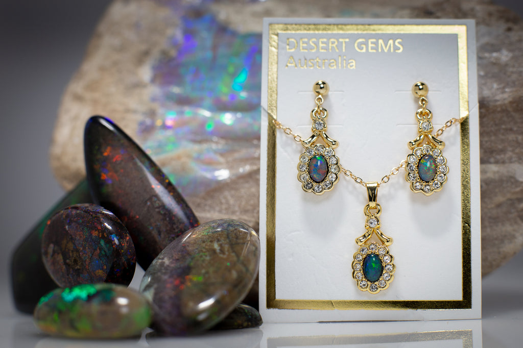 Opal Regal Drop Gold Earrings & Pendant