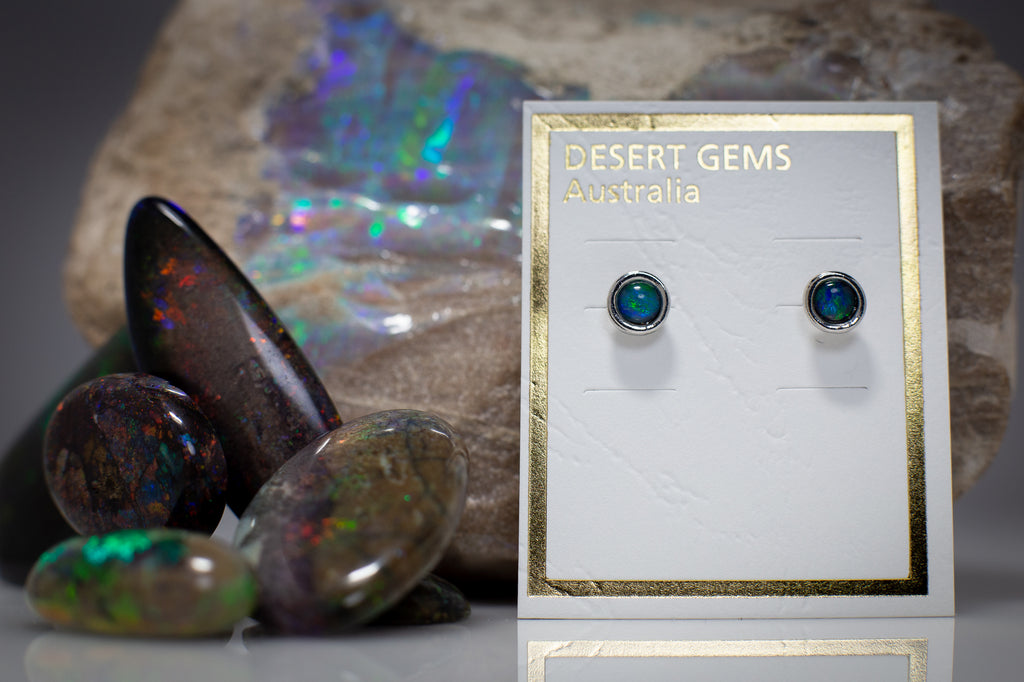 Opal on Eucalyptus Leaf Silver Pendant & Opal Earrings