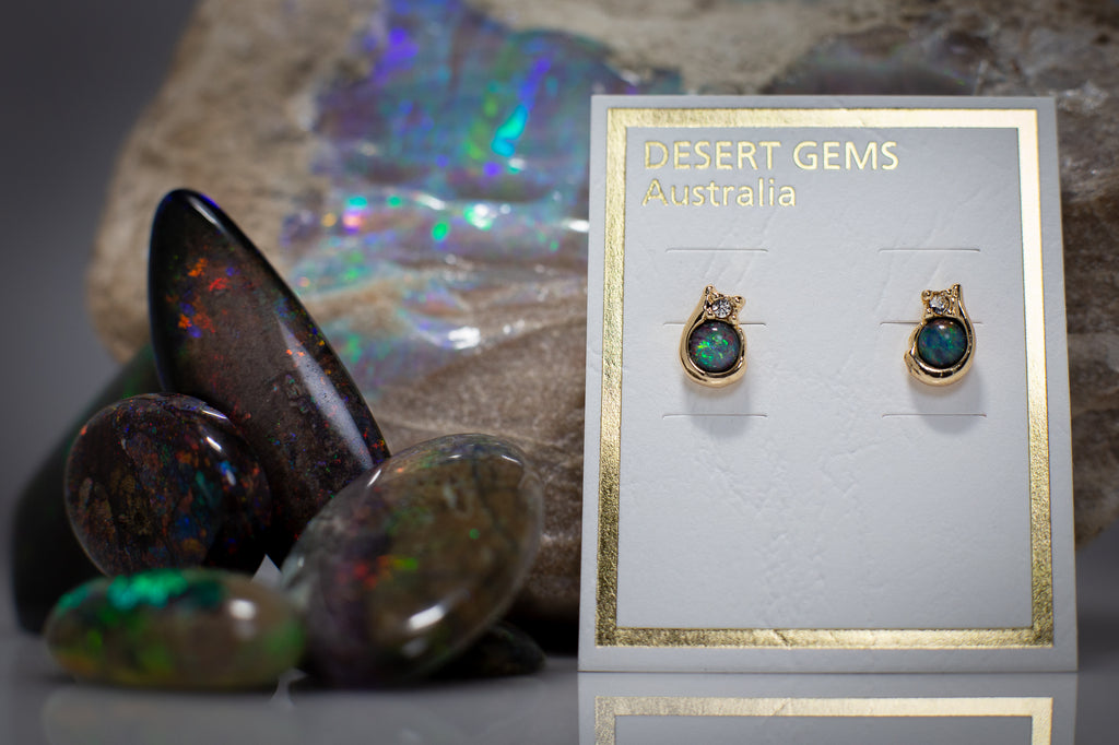 Opal & Zirconia on Eucalyptus Leaf Gold Brooch & Opal Earrings