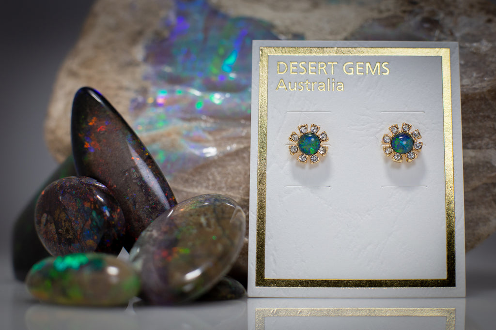 Opal on Eucalyptus Leaf Gold Pendant & Opal Earrings