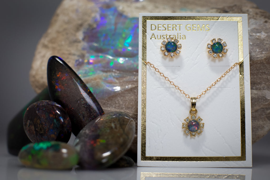 Opal Sparkling Flower Stud Gold Earrings & Pendant