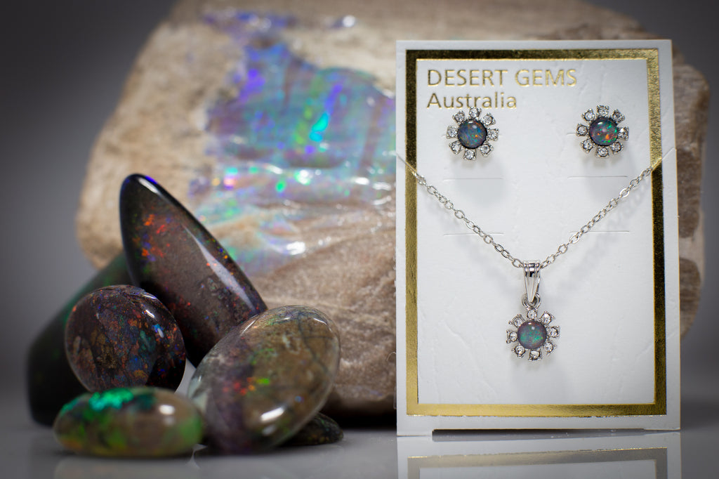 Opal Sparkling Flower Stud Silver Earrings & Pendant