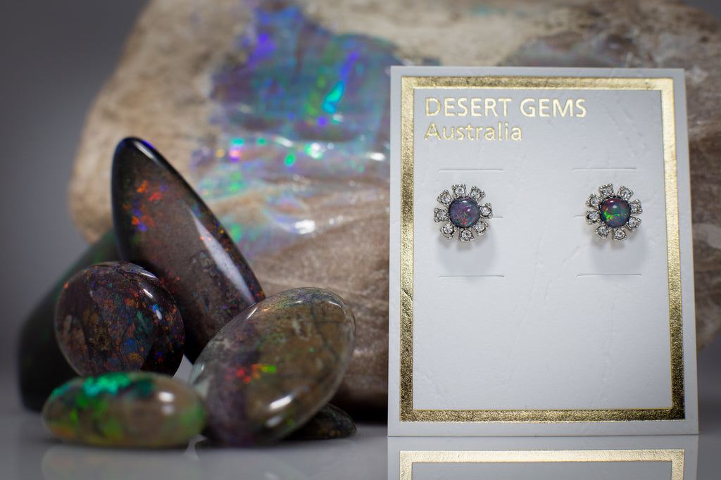 Opal & Zirconia on Red Gum Leaf Silver Brooch & Opal Earrings