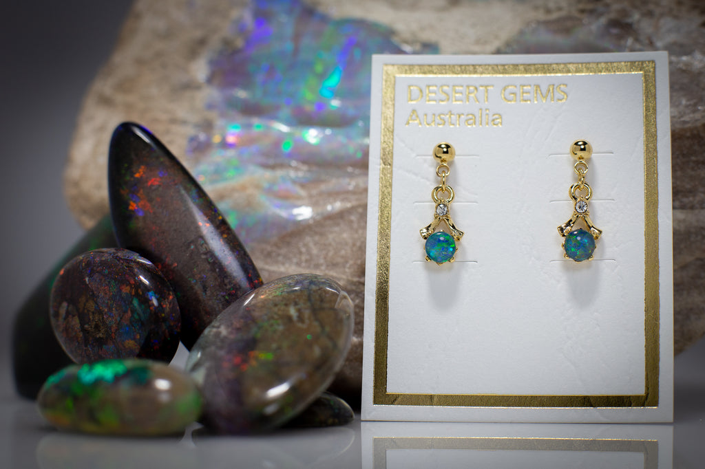 Opal & Zirconia on Eucalyptus Leaf Gold Brooch & Opal Earrings