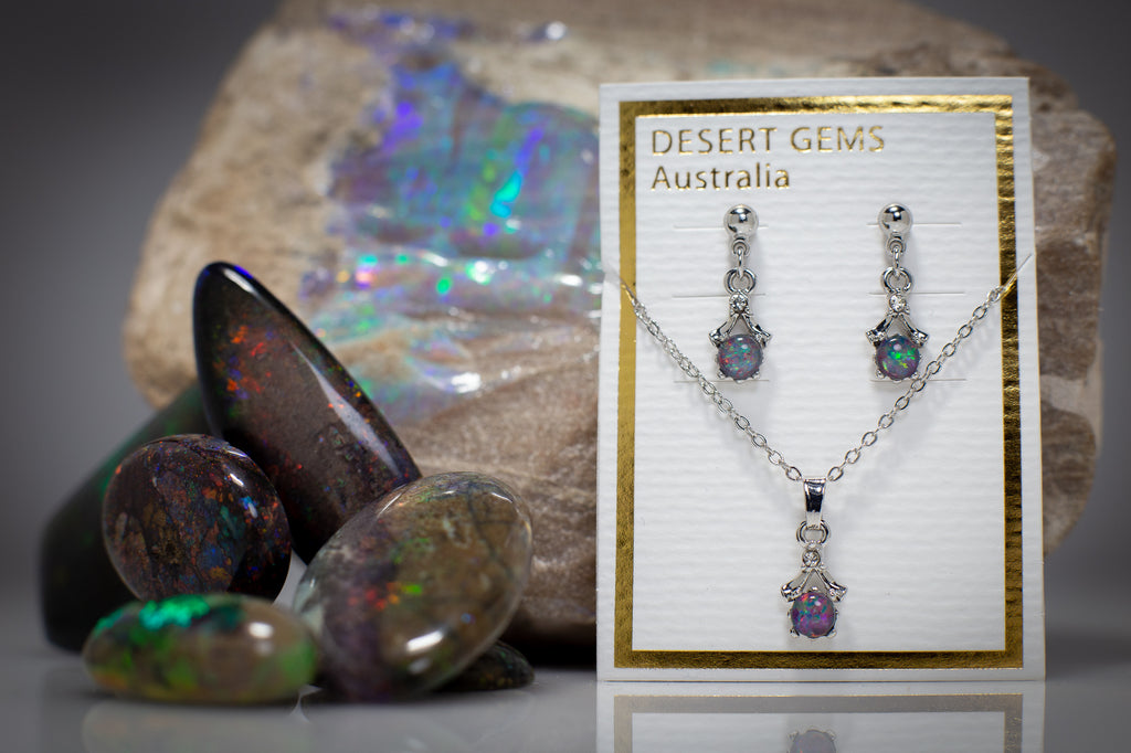 Opal Dainty Drop Silver Earrings & Pendant