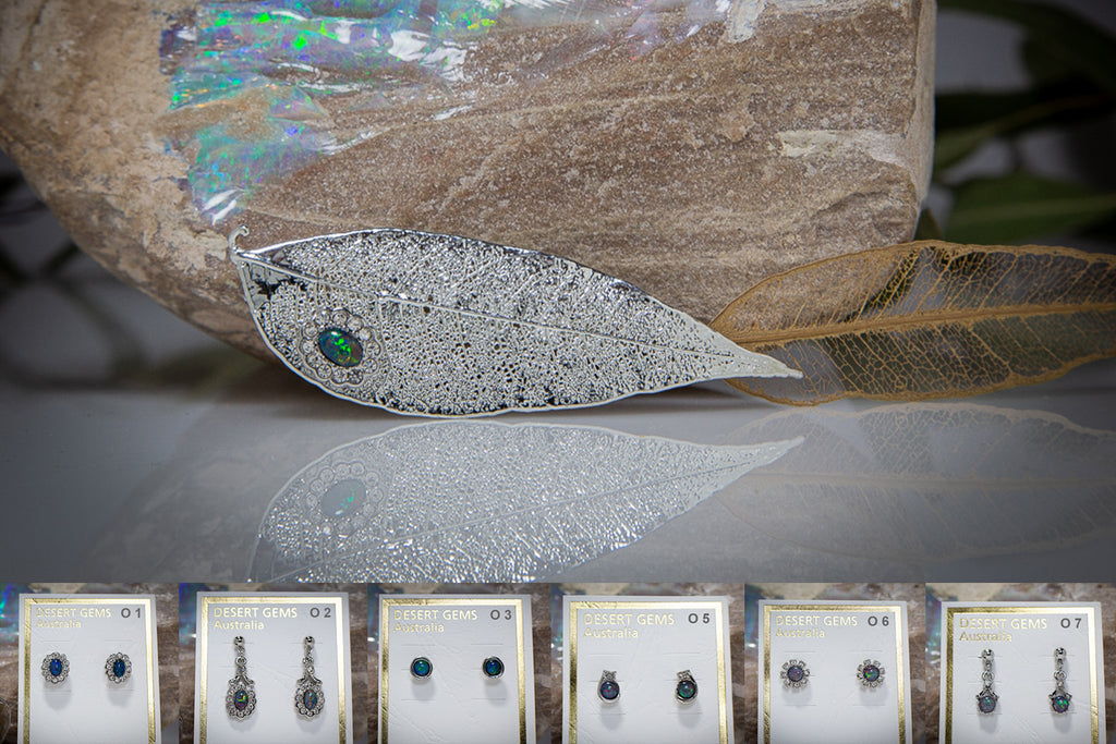 Opal & Zirconia on Red Gum Leaf Silver Brooch & Opal Earrings