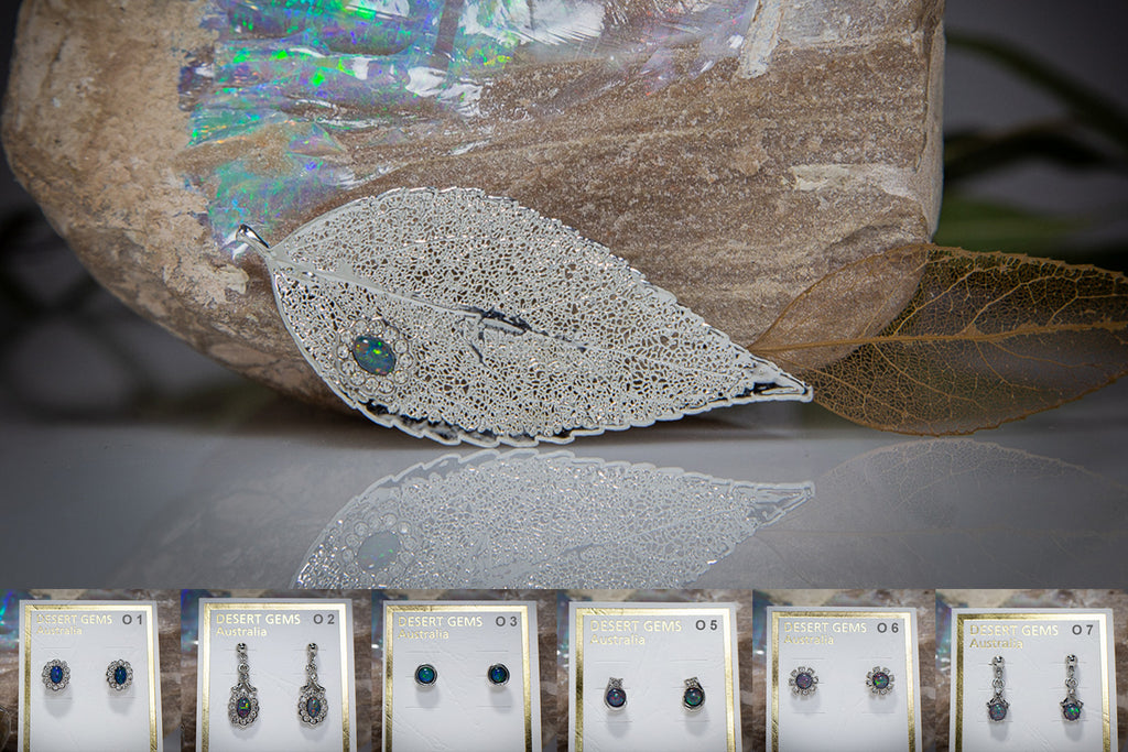 Opal & Zirconia on Eucalyptus Leaf Silver Brooch & Opal Earrings