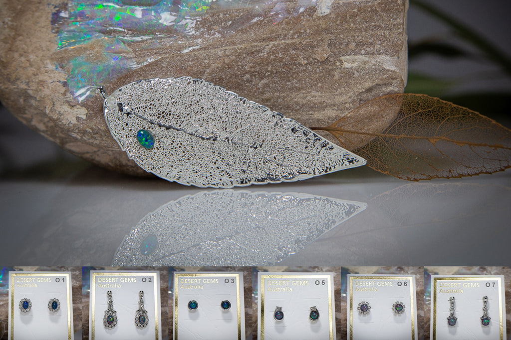 Opal on Eucalyptus Leaf Silver Brooch & Opal Earrings