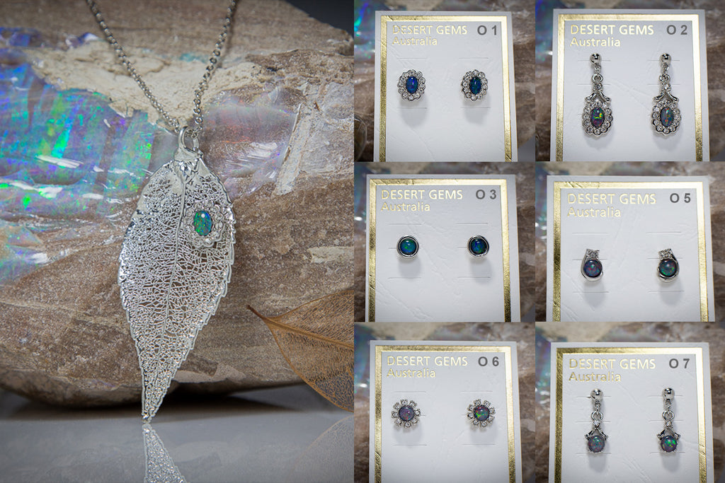 Opal & Zirconia on Eucalyptus Leaf Silver Pendant & Opal Earrings