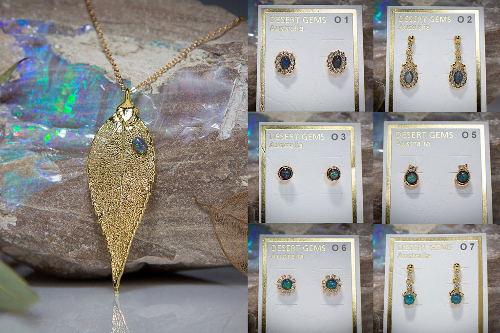 Opal on Eucalyptus Leaf Gold Pendant & Opal Earrings