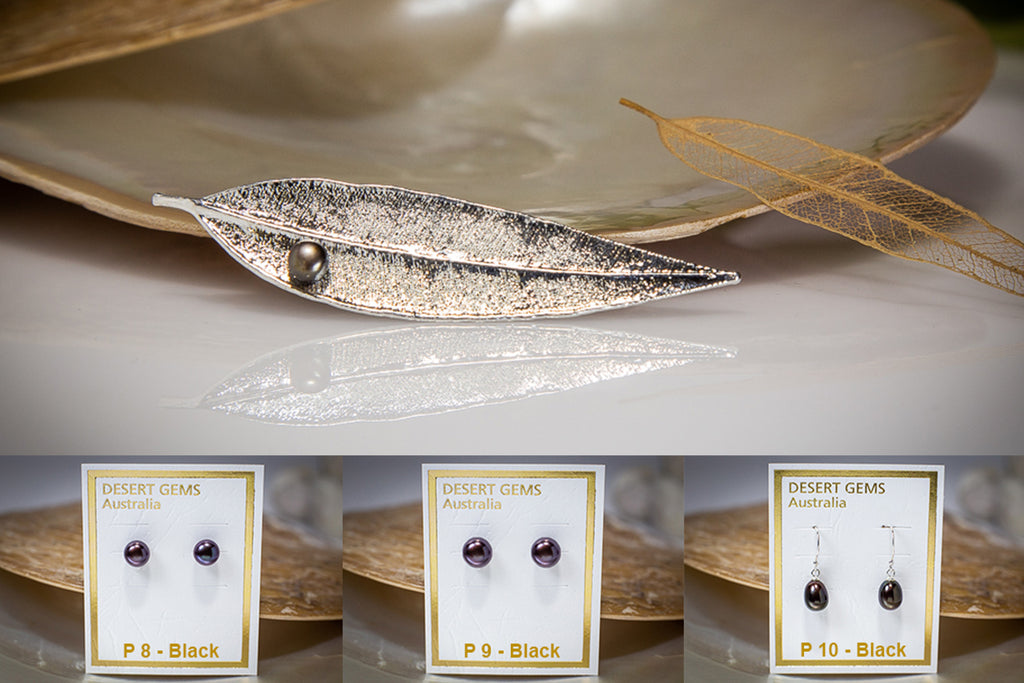 Pearl on Red Gum Eucalyptus Leaf Silver Brooch & Pearl Earrings